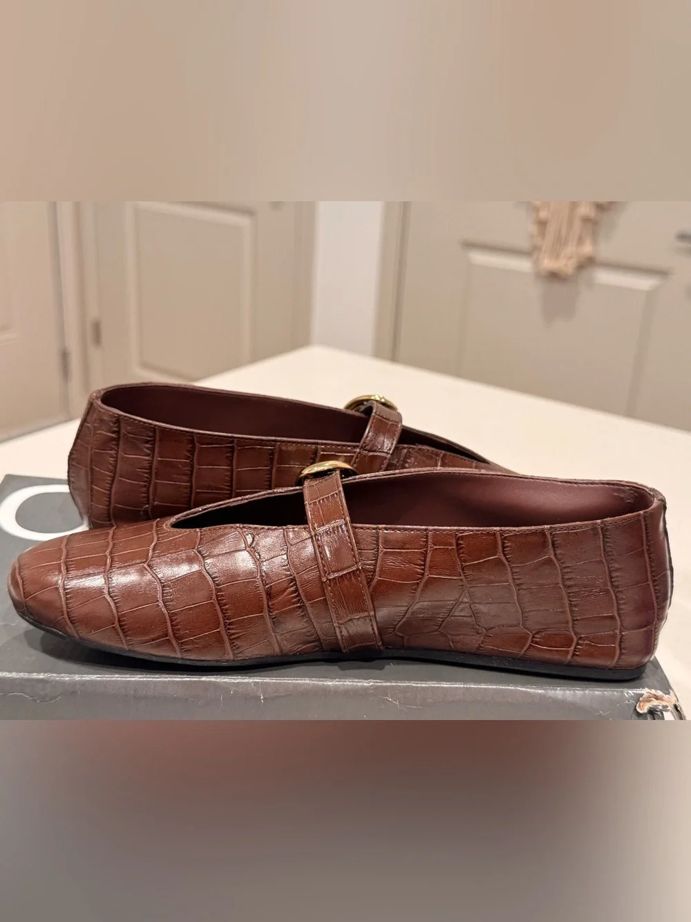 NIB Arezzo Erica Croc Embossed Mary Jane Ballet Flats Brown Hot Brandy 6B⁠